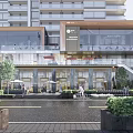 Modern Commercial Building Outdoor Leisure Area With Glass Facade Umbrellas Seating Greenery And Pedestrians