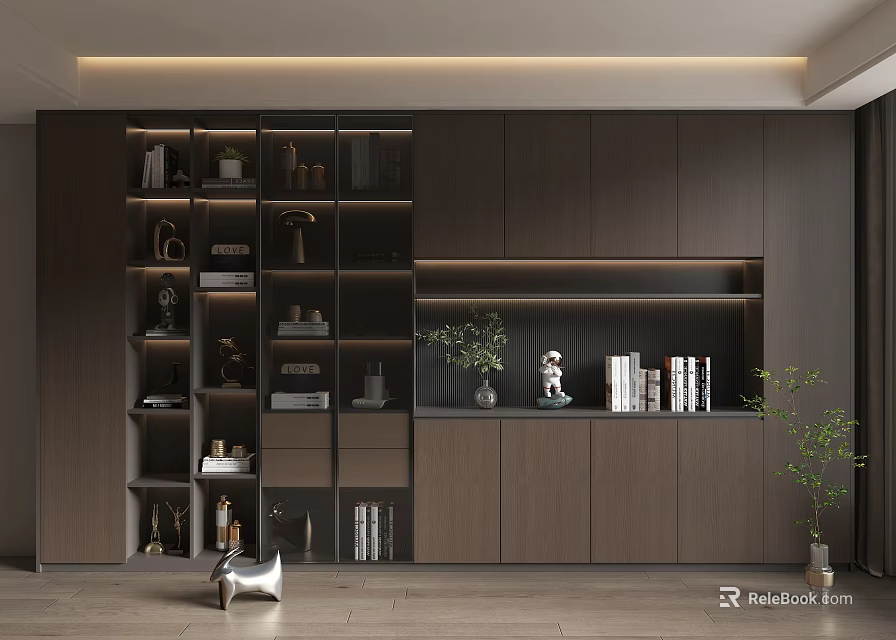 Modern Dark Toned Built In Bookcase With Multiple Compartments Books Decorative Items And Green Plant 3d model 