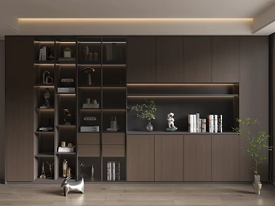 Modern Dark Toned Built In Bookcase With Multiple Compartments Books Decorative Items And Green Plant 3d model
