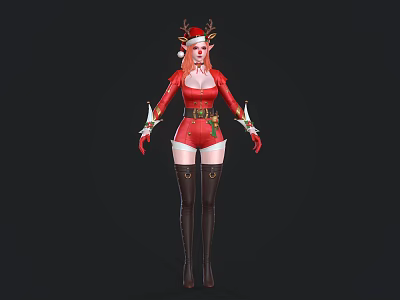 Christmas Themed Female Game Movie Character With Red Outfit Reindeer Antlers And Thigh High Boots 3d model