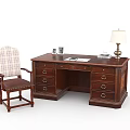 Classic Wooden Desk With Chair Table Lamp Cups And Notebook On Top