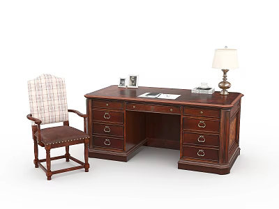 Classic Wooden Desk With Chair Table Lamp Cups And Notebook On Top 3d model