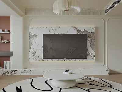 Modern Living Dining Room Interior With Marble Wall TV Round Coffee Table And Chandelier 3d model