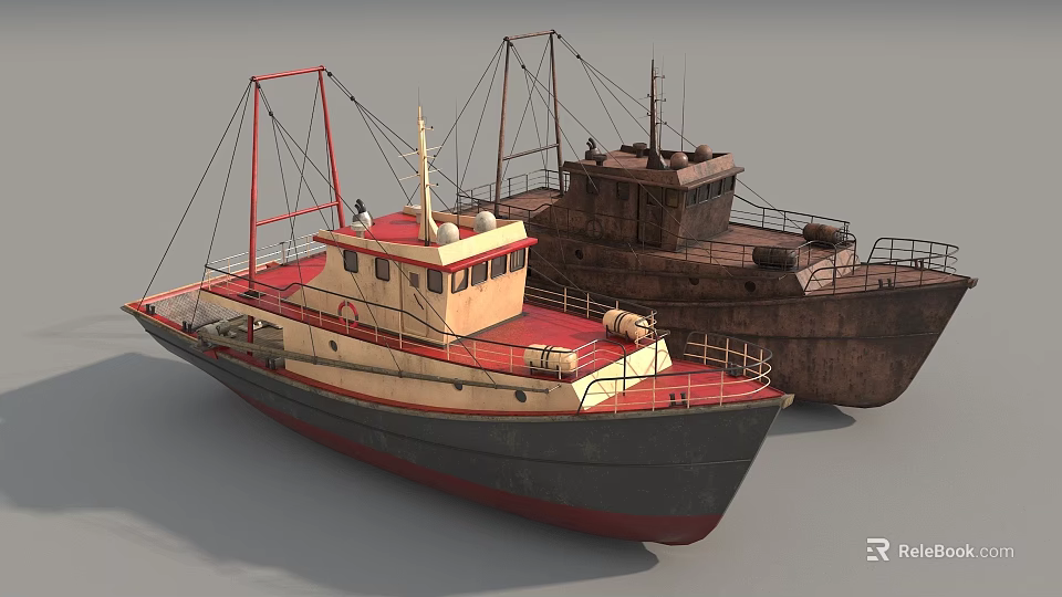 Two Ships With Red White Hull And Brown Rusty Deck Details 3d model 