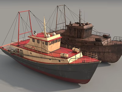 Two Ships With Red White Hull And Brown Rusty Deck Details 3d model