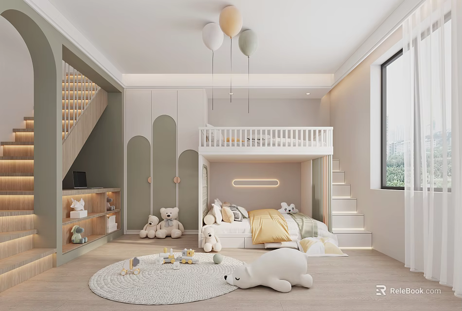 Playful Kids Room Interior With Loft Bed Staircase Teddy Bears And Hanging Balloons 3d model 