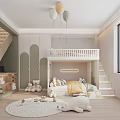 Playful Kids Room Interior With Loft Bed Staircase Teddy Bears And Hanging Balloons