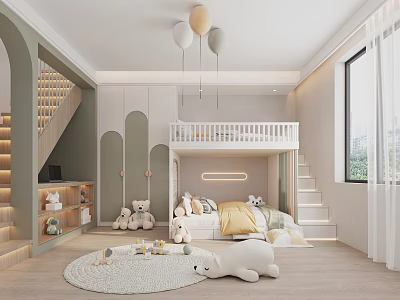 Playful Kids Room Interior With Loft Bed Staircase Teddy Bears And Hanging Balloons 3d model