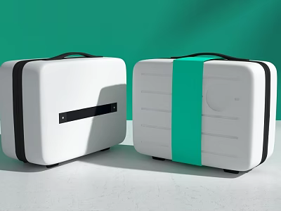Modern White Luggage With Black Accents Green Strap Horizontal Lines And Circular Logo 3d model