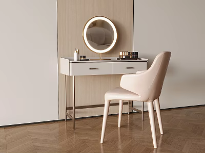 Modern Minimalist Dressing Table With Round Mirror Beige Chair Metal Legs And Vanity Items 3d model