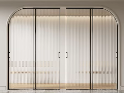 Modern Black Framed Sliding Doors With Frosted Glass And Arched Top In Minimalist Interior 3d model