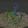 Dead Trees With Bare Branches On Round Green Ground And Small Stones 3d model