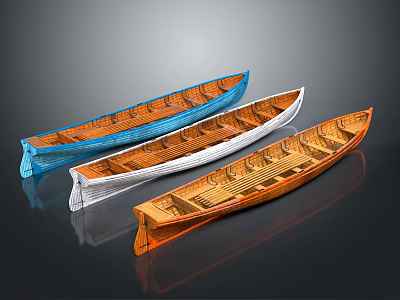 Three Colorful Wooden Boats Displayed Side by Side with Reflections on Dark Background 3d model