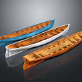 Three Colorful Wooden Boats Displayed Side by Side with Reflections on Dark Background