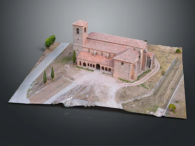 Cartoon Scene with Ancient Building Tower Red Tile Roof Arched Windows Trees and Dirt Path 3d model
