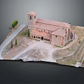 Cartoon Scene with Ancient Building Tower Red Tile Roof Arched Windows Trees and Dirt Path