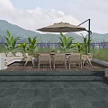 Modern Rooftop Garden With Wooden Deck Outdoor Dining Set Parasol Green Plants And Mountain View