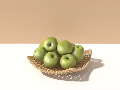 Household Wicker Basket Filled With Fresh Green Apples On Light Brown And White Background 3d model
