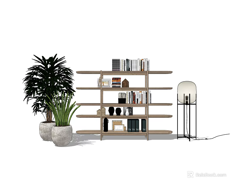 Modern Wooden Bookcase Design With Books Decor Plants And Floor Lamp 3d model 