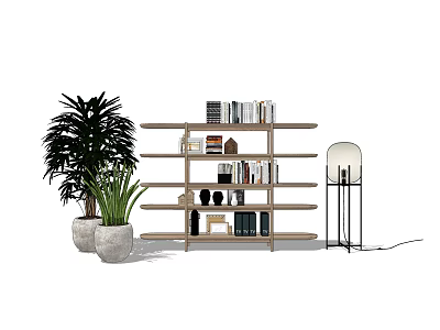 Modern Wooden Bookcase Design With Books Decor Plants And Floor Lamp 3d model