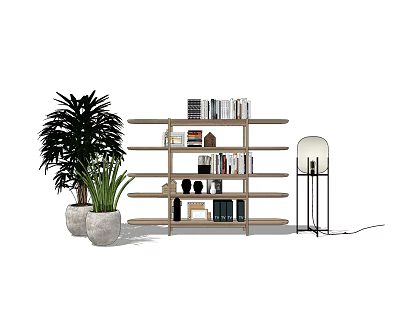Modern Wooden Bookcase Design With Books Decor Plants And Floor Lamp 3d model