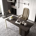 Elegant Modern Desk With Black Wooden Top Gold Metal Legs Leather Chair And Table Lamp