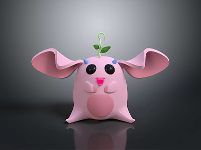 Cute 3D Rendered Pink Cartoon Character With Big Ears And Green Leaf On Head 3d model