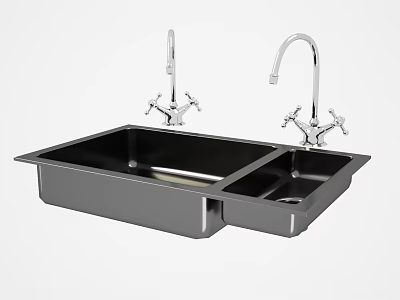 Modern Stainless Steel Double Bowl Kitchen Sink With Chrome Faucets 3d model