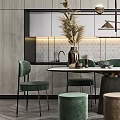 Modern Dining Table Set With Green Chairs Round Stools And Hanging Lights In Kitchen Interior 3d model