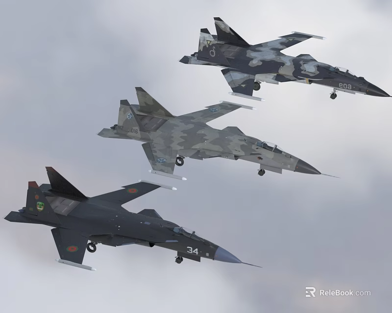 Military Fighter Jets Flying In Formation In Sky 3d model