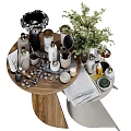 Daily Washing Products Display On Wooden Round Table With Perfume Bottles Towels Candles And Plants