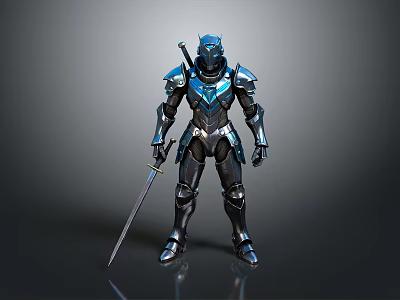 Armored Character With Blue And Black Metallic Armor Holding Sword In Standing Pose 3d model