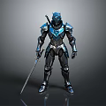 Armored Character With Blue And Black Metallic Armor Holding Sword In Standing Pose