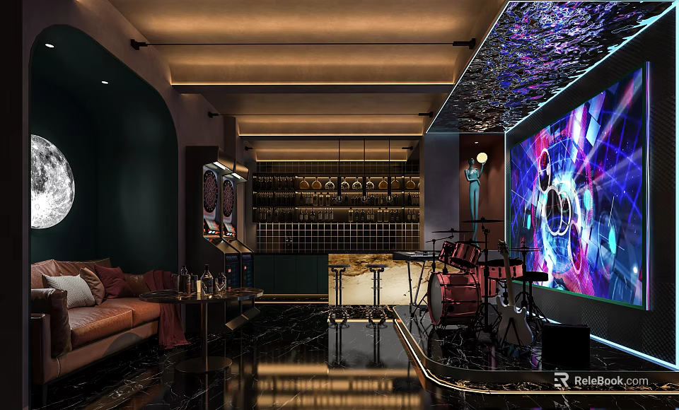 Modern Bar Interior With Dark Walls Brown Sofa Bar Counter And Large Decorative Screen 3d model 