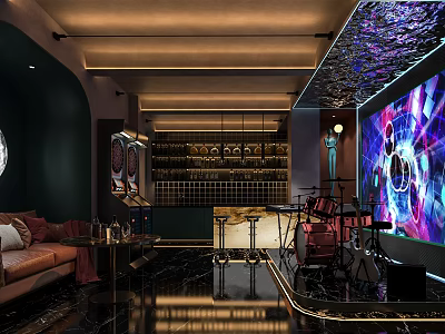 Modern Bar Interior With Dark Walls Brown Sofa Bar Counter And Large Decorative Screen 3d model