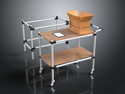 Mobile Wheeled Shelf Cart with Metal Frame and Wooden Shelves Holding Cardboard Box and Tablet 3d model