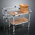 Mobile Wheeled Shelf Cart with Metal Frame and Wooden Shelves Holding Cardboard Box and Tablet