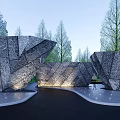 Contemporary Garden Landscape Design With Illuminated Pathways Trees And Water Features 3d model