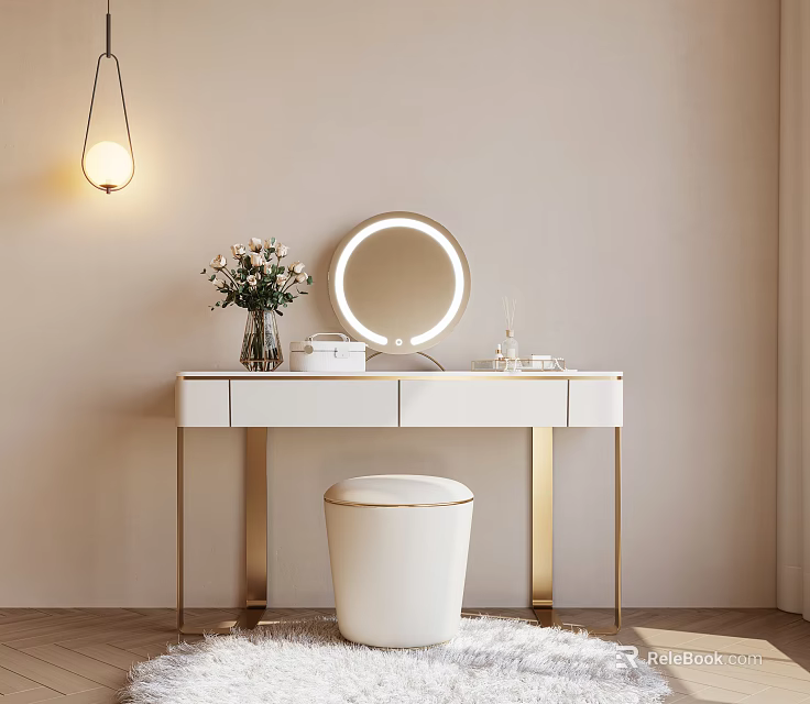 Modern White Dressing Table With Gold Legs Round Lighted Mirror Vase And White Stool 3d model 
