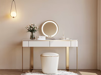 Modern White Dressing Table With Gold Legs Round Lighted Mirror Vase And White Stool 3d model