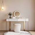 Modern White Dressing Table With Gold Legs Round Lighted Mirror Vase And White Stool