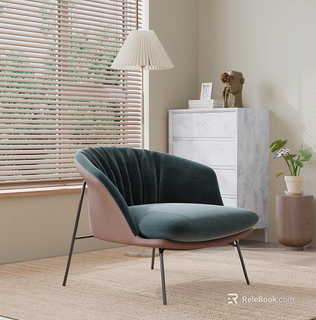 Stylish Armchair With Pleated Design Dark Green Upholstery Near Wooden Blinds White Cabinet And Plant 3d model 