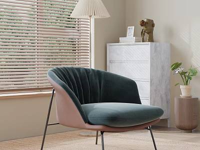 Stylish Armchair With Pleated Design Dark Green Upholstery Near Wooden Blinds White Cabinet And Plant 3d model