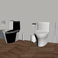 Modern White Toilets In Bathroom Interior With Toilet Paper Holder And Wooden Flooring