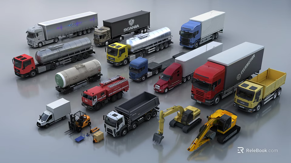 Diverse Commercial Vehicles Collection With Trucks Tankers Fire Engines Dump Trucks And Construction Machinery 3d model 