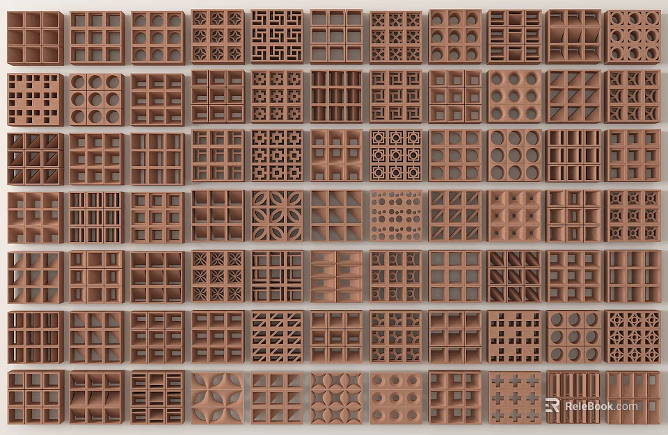 Diverse Brown Geometric Grille Patterns Arranged In Decorative Grid Layout 3d model