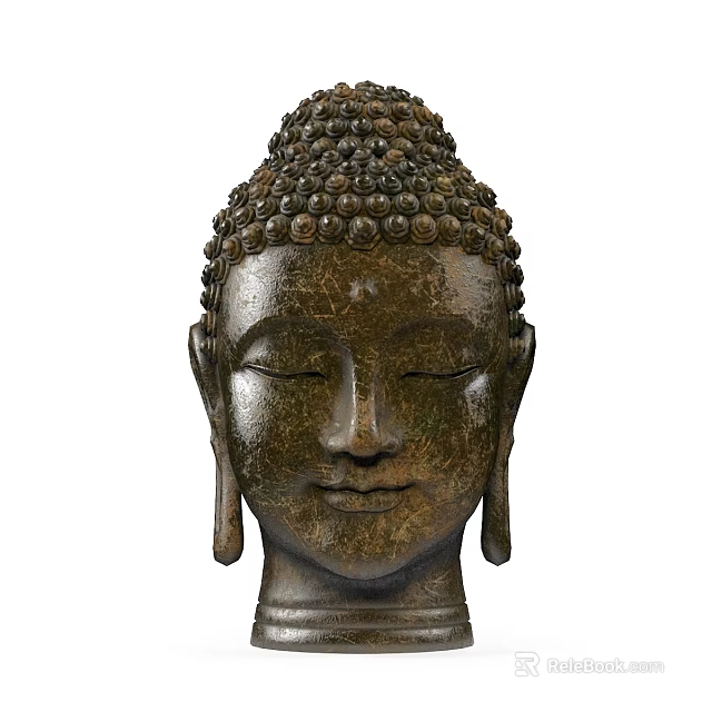 Intricate Bronze Buddha Head Sculpture With Serene Facial Expression And Detailed Ear Design 3d model 