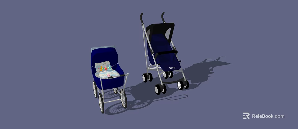 Two Blue Baby Carriages Traditional Pram With Colorful Patterns And Modern Stroller 3d model 