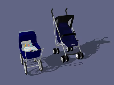 Two Blue Baby Carriages Traditional Pram With Colorful Patterns And Modern Stroller 3d model