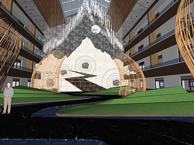 Grand Hotel Lobby Interior With Large Chandelier Greenery And Wooden Accents 3d model